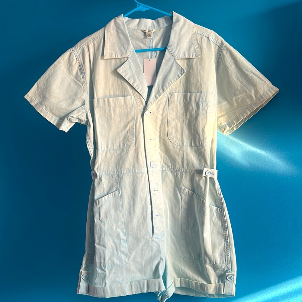Baggy Vintage Distressed Short Denim Romper-Short Sleeve Button Down